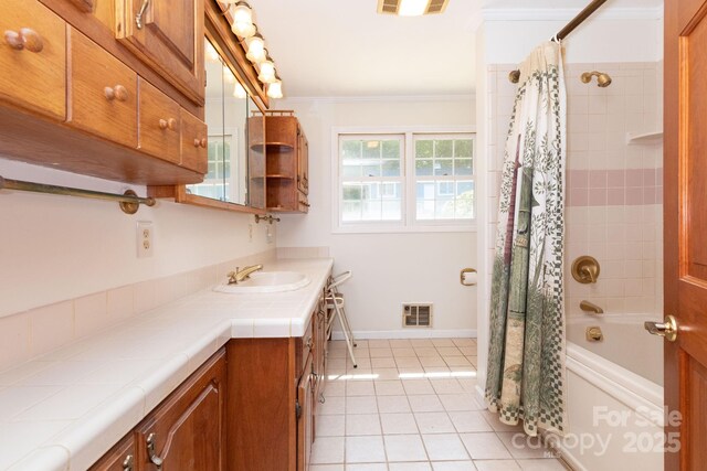 18 Gravely Branch Rd, Fletcher, NC 28732 - full bathroom featuring vanity, tile patterned floors, shower / bath combo, and ornamental molding