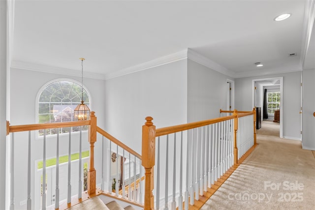 3213 Strawberry Rd, Matthews, NC 28104 - hall featuring an upstairs landing, ornamental molding, carpet floors, recessed lighting, and baseboards