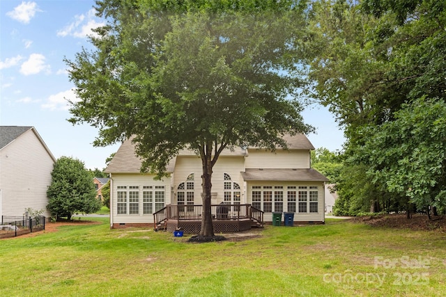 3213 Strawberry Rd, Matthews, NC 28104 - rear view of house featuring crawl space, a wooden deck, and a yard