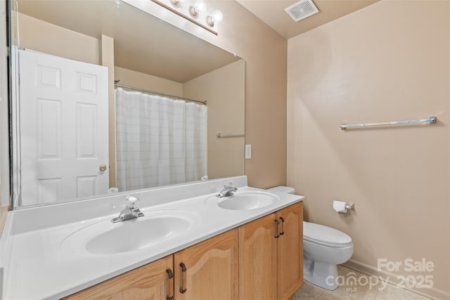 3213 Strawberry Rd, Matthews, NC 28104 - full bathroom featuring double vanity, tile patterned flooring, toilet, baseboards, and a shower with shower curtain
