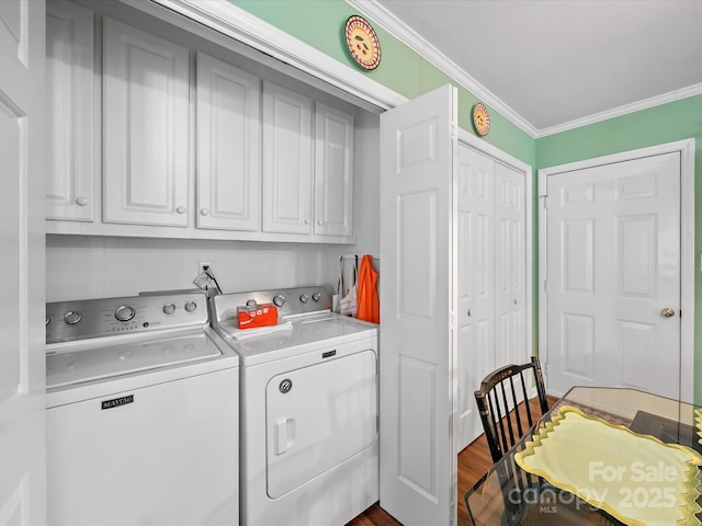 1634-B Union Rd, Gastonia, NC 28054 - washroom featuring cabinet space, crown molding, washing machine and dryer, and dark wood-style flooring