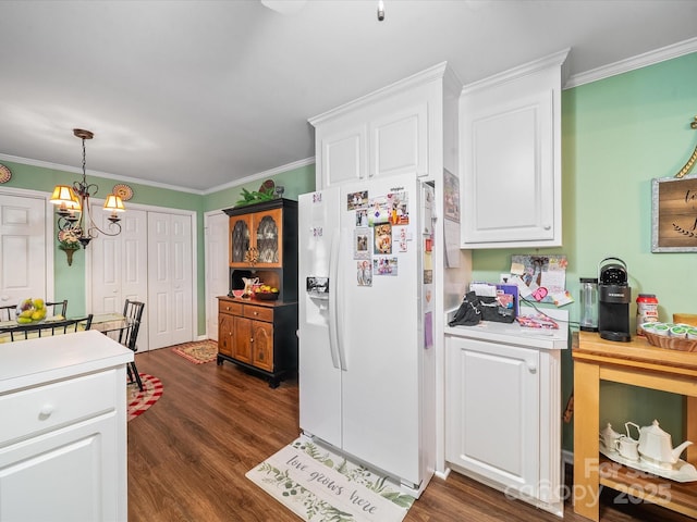 1634-B Union Rd, Gastonia, NC 28054 - kitchen featuring white refrigerator with ice dispenser, a chandelier, white cabinets, dark wood-style flooring, and crown molding
