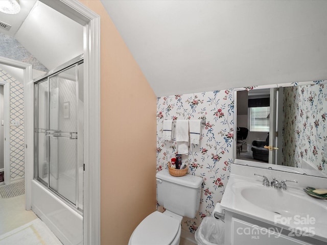 1634-B Union Rd, Gastonia, NC 28054 - bathroom featuring wallpapered walls, vanity, enclosed tub / shower combo, and lofted ceiling