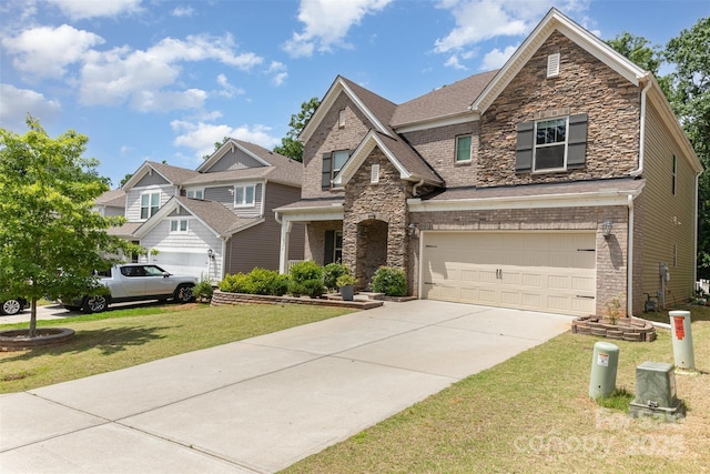 5098 Burnwald Ct, Fort Mill, SC 29715 - view of front of property with stone siding, concrete driveway, an attached garage, and a front yard
