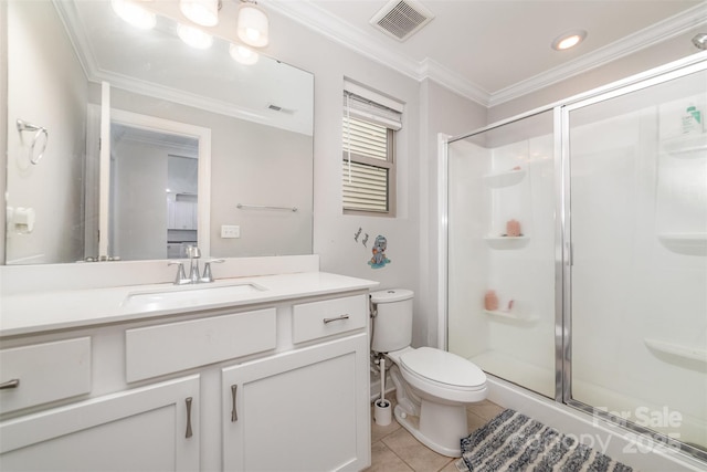 5098 Burnwald Ct, Fort Mill, SC 29715 - full bathroom featuring a stall shower, vanity, crown molding, and tile patterned floors