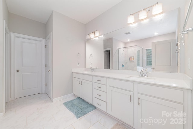 5098 Burnwald Ct, Fort Mill, SC 29715 - full bathroom with double vanity, a stall shower, and marble finish flooring
