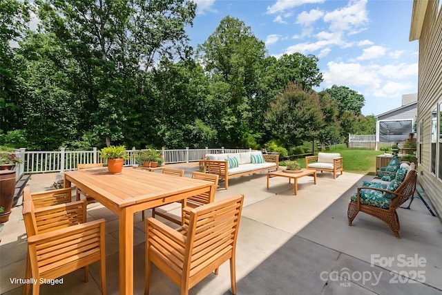 5098 Burnwald Ct, Fort Mill, SC 29715 - view of patio / terrace featuring an outdoor hangout area, outdoor dining space, and view of wooded area