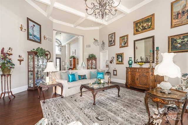 3441 Club Ridge Ct, Gastonia, NC 28056 - living room with a chandelier, coffered ceiling, dark wood-style flooring, beam ceiling, and a high ceiling