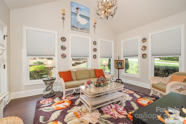 3441 Club Ridge Ct, Gastonia, NC 28056 - living room with a chandelier, dark wood-type flooring, and high vaulted ceiling