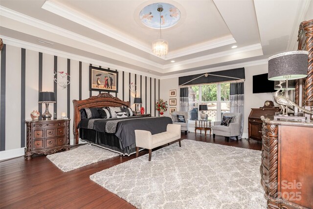 3441 Club Ridge Ct, Gastonia, NC 28056 - bedroom featuring a tray ceiling, dark wood-type flooring, and ornamental molding