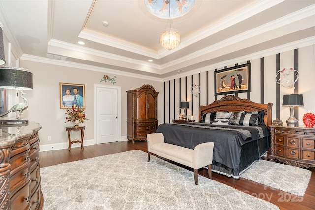 3441 Club Ridge Ct, Gastonia, NC 28056 - bedroom with dark wood-style floors, a chandelier, a raised ceiling, and crown molding