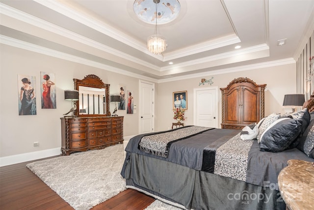 3441 Club Ridge Ct, Gastonia, NC 28056 - bedroom with wood finished floors, a chandelier, a tray ceiling, ornamental molding, and recessed lighting