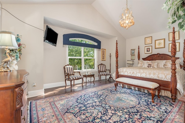 3441 Club Ridge Ct, Gastonia, NC 28056 - bedroom featuring a chandelier, wood finished floors, and high vaulted ceiling