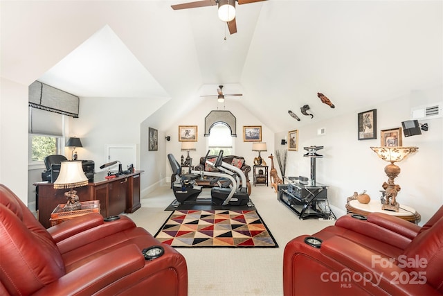 3441 Club Ridge Ct, Gastonia, NC 28056 - living room with ceiling fan, light colored carpet, and vaulted ceiling