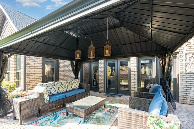 3441 Club Ridge Ct, Gastonia, NC 28056 - wooden terrace with french doors, outdoor lounge area, a gazebo, and a patio area