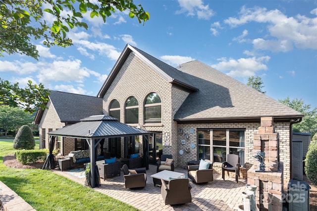 3441 Club Ridge Ct, Gastonia, NC 28056 - back of property featuring an outdoor hangout area, roof with shingles, a gazebo, a patio area, and a lawn