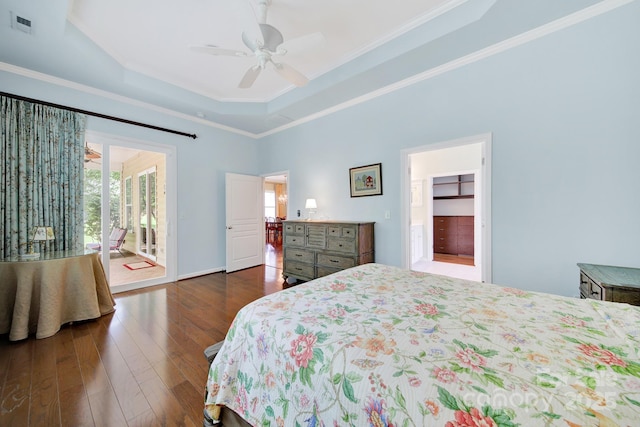964 Knob Creek Ln, Fort Mill, SC 29708 - bedroom with dark wood-type flooring, access to outside, crown molding, a raised ceiling, and ceiling fan