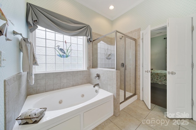 964 Knob Creek Ln, Fort Mill, SC 29708 - full bath with a tub with jets, a shower stall, tile patterned floors, connected bathroom, and wallpapered walls