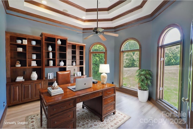 122 Long Cove Ln, Mooresville, NC 28117 - office space with ornamental molding, light wood finished floors, a raised ceiling, and a ceiling fan