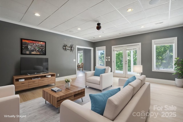 122 Long Cove Ln, Mooresville, NC 28117 - living area featuring light wood finished floors, french doors, baseboards, and recessed lighting
