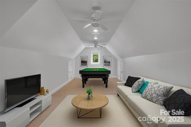 122 Long Cove Ln, Mooresville, NC 28117 - recreation room featuring carpet flooring, billiards table, vaulted ceiling, baseboards, and ceiling fan