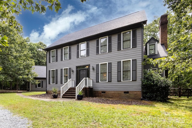 6511 Buggy Whip Ln, Waxhaw, NC 28173 - colonial inspired home with crawl space, a shingled roof, and a chimney