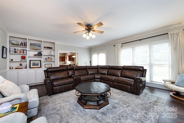 6511 Buggy Whip Ln, Waxhaw, NC 28173 - living room with ceiling fan, ornamental molding, and wood finished floors