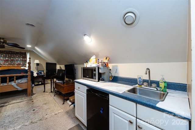 6511 Buggy Whip Ln, Waxhaw, NC 28173 - kitchen featuring vaulted ceiling, stainless steel microwave, white cabinetry, ceiling fan, and dishwasher