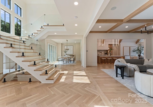 15037 June Washam Rd, Davidson, NC 28036 - foyer entrance with stairway, recessed lighting, and a high ceiling