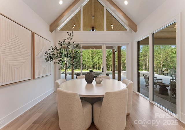 15037 June Washam Rd, Davidson, NC 28036 - dining space featuring wood finished floors, high vaulted ceiling, and recessed lighting