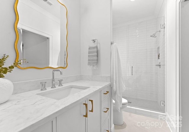 2921 Windsor Ave, Charlotte, NC 28209 - bathroom featuring vanity, a shower stall, and tile patterned flooring