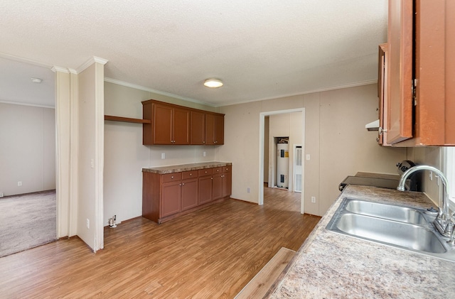 828 Carver St Unit 17-19, Shelby, NC 28152 - kitchen featuring brown cabinets, light wood-type flooring, light countertops, ornamental molding, and a textured ceiling