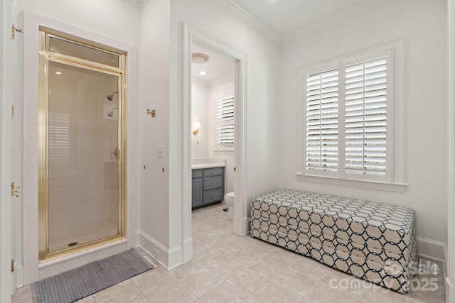 2954 Reynolds Sq, Winston Salem, NC 27106 - full bath featuring a shower stall, crown molding, vanity, toilet, and tile patterned floors