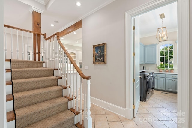 2954 Reynolds Sq, Winston Salem, NC 27106 - stairway with independent washer and dryer, ornamental molding, tile patterned flooring, baseboards, and recessed lighting