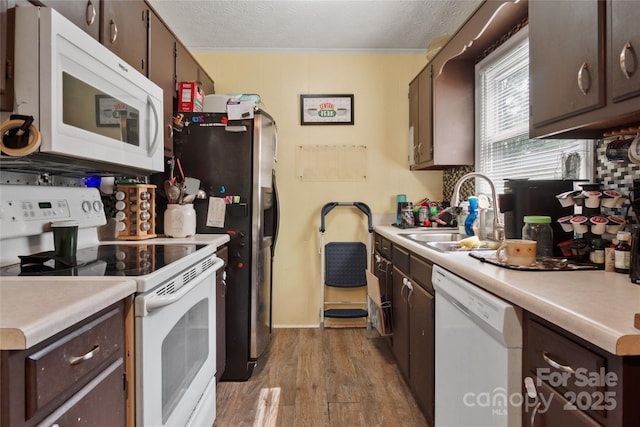 46 Westbrook Cir, Clyde, NC 28721 - kitchen with white appliances, a sink, dark brown cabinetry, light wood-style flooring, and a textured ceiling
