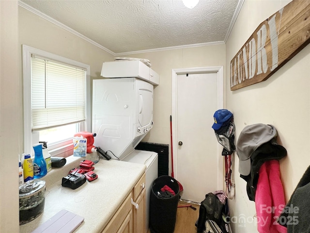 46 Westbrook Cir, Clyde, NC 28721 - washroom with stacked washer / dryer and ornamental molding