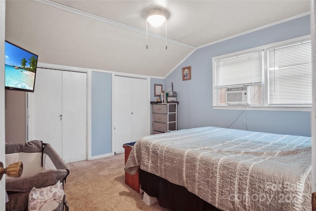 46 Westbrook Cir, Clyde, NC 28721 - bedroom with carpet floors, two closets, vaulted ceiling, cooling unit, and ceiling fan