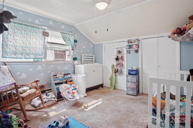 46 Westbrook Cir, Clyde, NC 28721 - carpeted bedroom with vaulted ceiling, washer and dryer, and cooling unit
