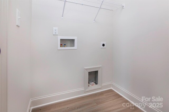 118 Durham Rd, Stanley, NC 28164 - laundry area featuring electric dryer hookup, hookup for a washing machine, wood finished floors, and baseboards