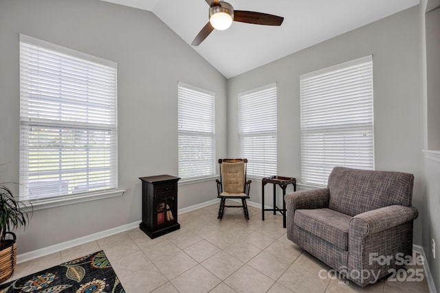 3351 Streamside Dr, Davidson, NC 28036 - sitting room featuring ceiling fan, plenty of natural light, vaulted ceiling, and light tile patterned floors