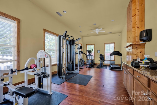 3351 Streamside Dr, Davidson, NC 28036 - gym featuring dark wood-type flooring, ceiling fan, and recessed lighting
