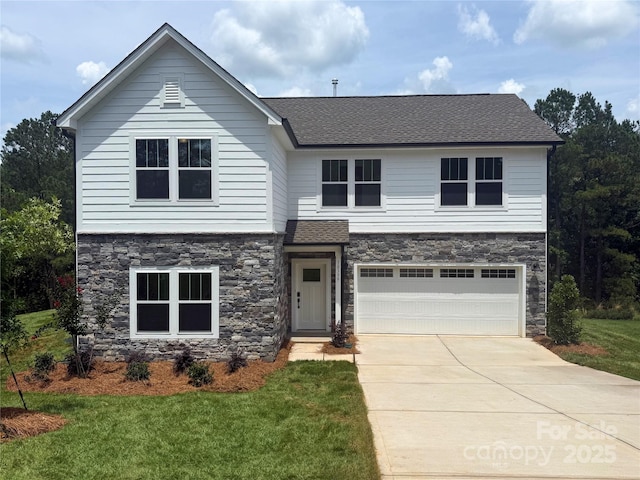 10339 Lakeshore Dr Unit 85, Lancaster, SC 29720 - view of front of house with stone siding, a garage, concrete driveway, a front lawn, and a shingled roof