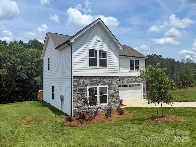 10339 Lakeshore Dr Unit 85, Lancaster, SC 29720 - view of side of home with driveway, stone siding, a garage, a lawn, and a shingled roof