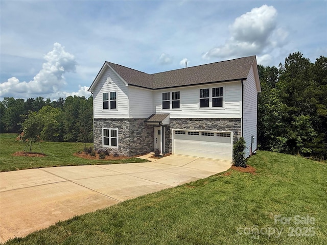10339 Lakeshore Dr Unit 85, Lancaster, SC 29720 - view of front of property featuring driveway, an attached garage, a front yard, and stone siding