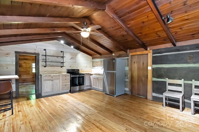 2967 Roby Martin Rd, Lenoir, NC 28645 - kitchen featuring electric stove, freestanding refrigerator, light wood-style floors, wooden walls, and wooden ceiling