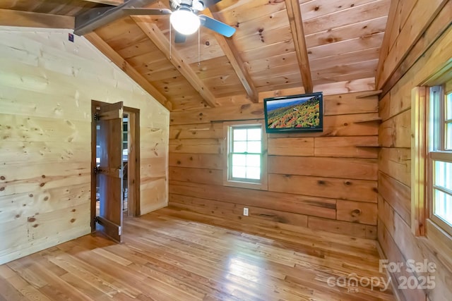 2967 Roby Martin Rd, Lenoir, NC 28645 - unfurnished room with wood ceiling, light wood-type flooring, wooden walls, and a ceiling fan