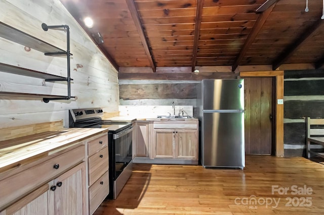 2967 Roby Martin Rd, Lenoir, NC 28645 - kitchen featuring stainless steel appliances, wooden counters, wooden ceiling, a sink, and light wood-type flooring