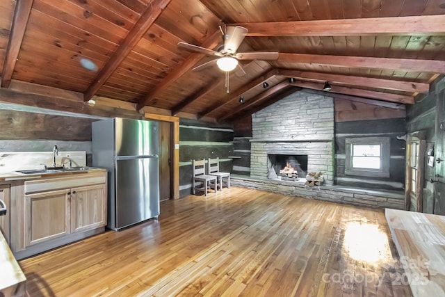 2967 Roby Martin Rd, Lenoir, NC 28645 - unfurnished living room featuring a sink, wood ceiling, light wood finished floors, a fireplace, and ceiling fan