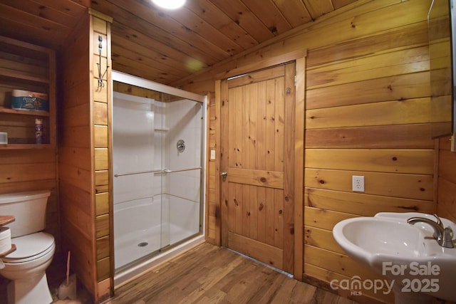 2967 Roby Martin Rd, Lenoir, NC 28645 - bathroom featuring wooden walls, toilet, wood finished floors, a stall shower, and a sink
