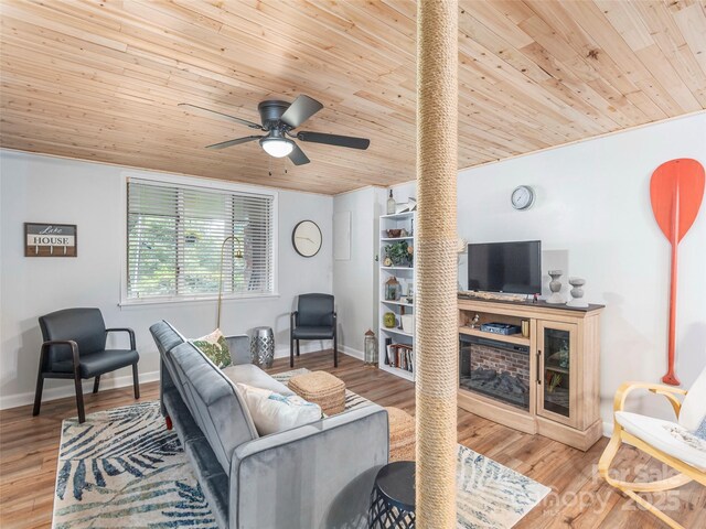 95 Harmon Ave, Lake Junaluska, NC 28745 - living room with wood ceiling, ceiling fan, baseboards, and wood finished floors